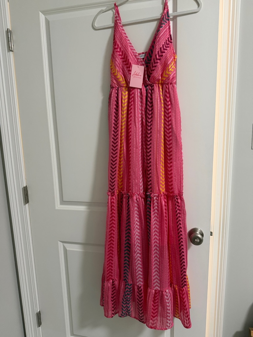 Adeline clothing Pink Chevron Maxi Dress with silver thread